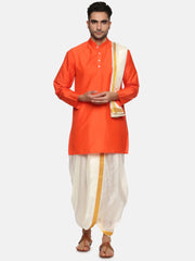 Men Orange Colour Polyester Kurta Dhoti Pant Set