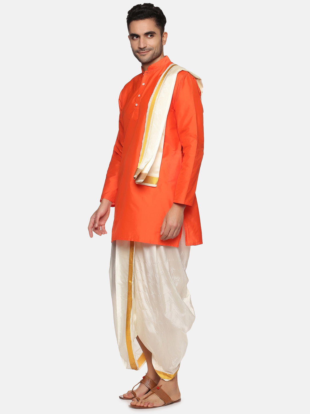 Men Orange Colour Polyester Kurta Dhoti Pant Set