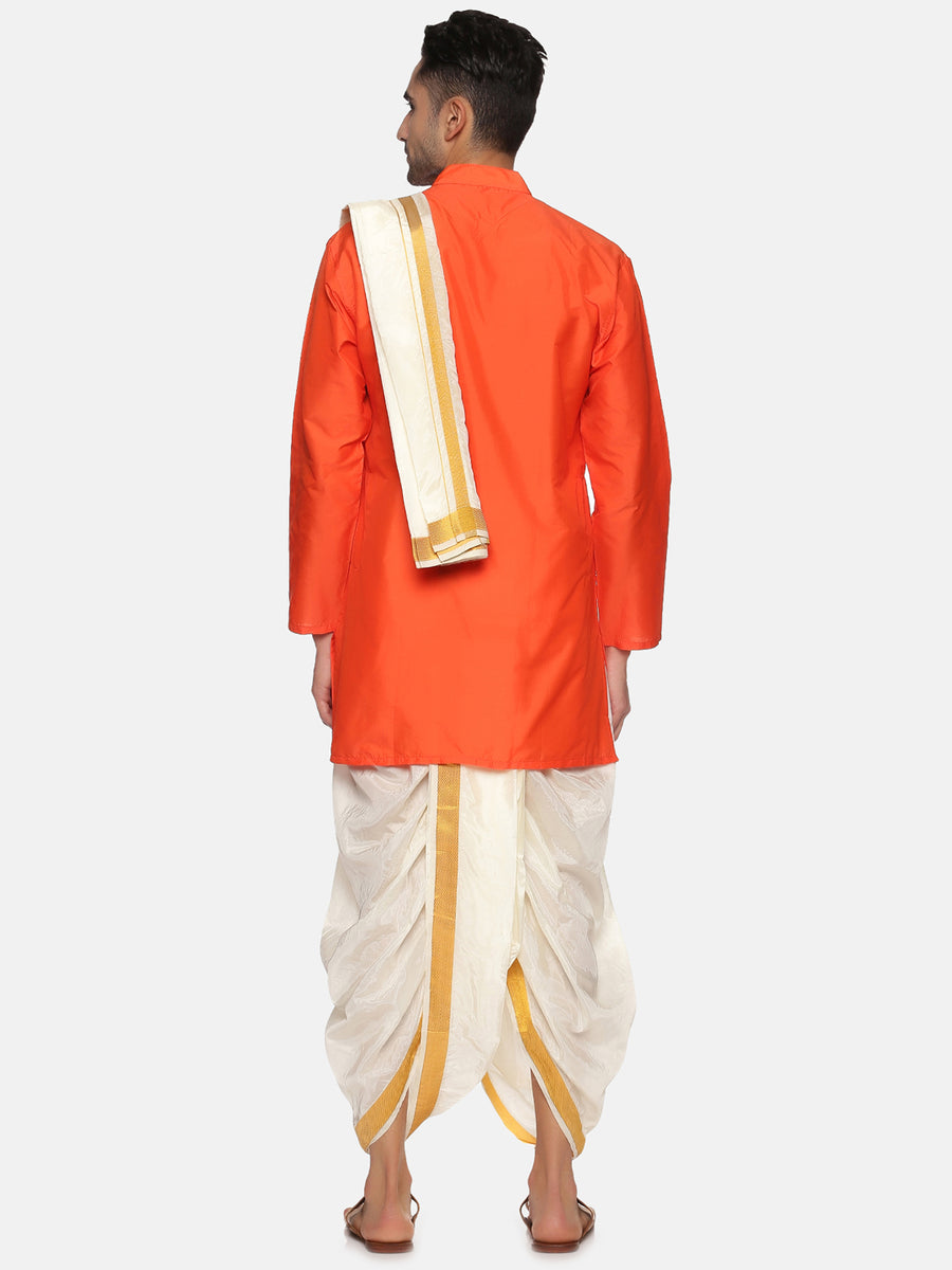 Men Orange Colour Polyester Kurta Dhoti Pant Set