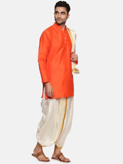 Men Orange Colour Polyester Kurta Dhoti Pant Set