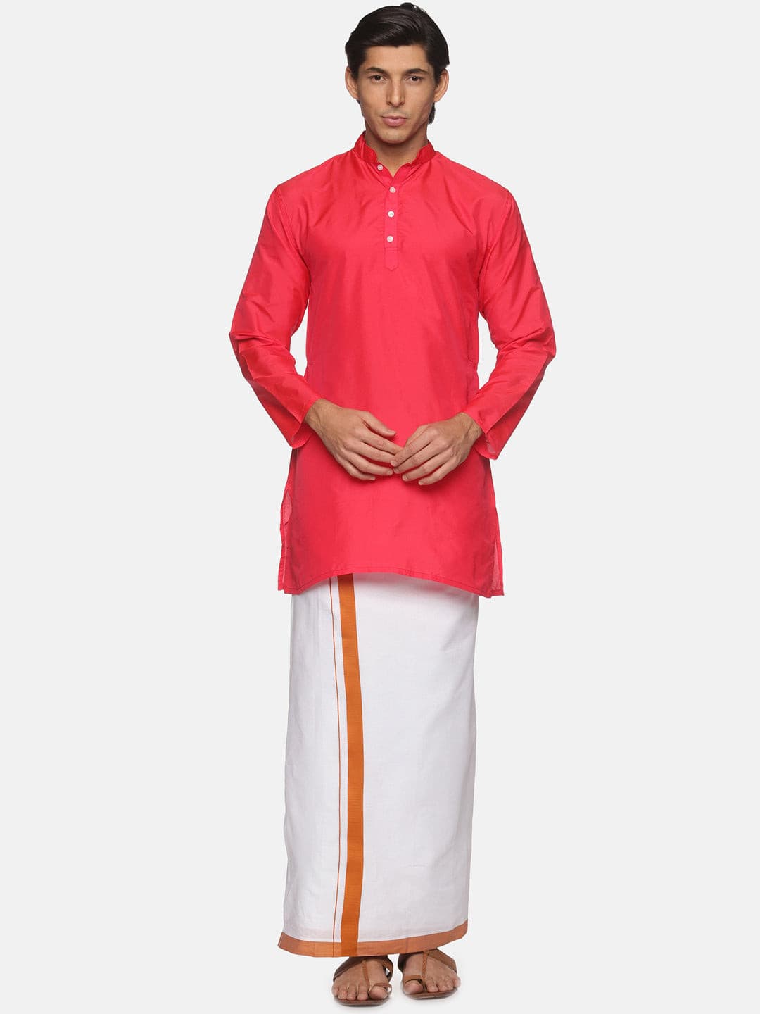 Men Coral Colour Polyester Kurta Dhoti  Set