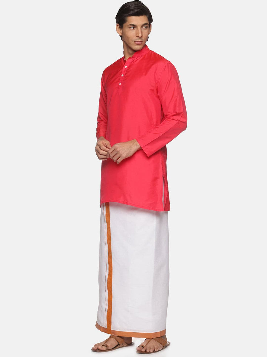 Men Coral Colour Polyester Kurta Dhoti  Set.