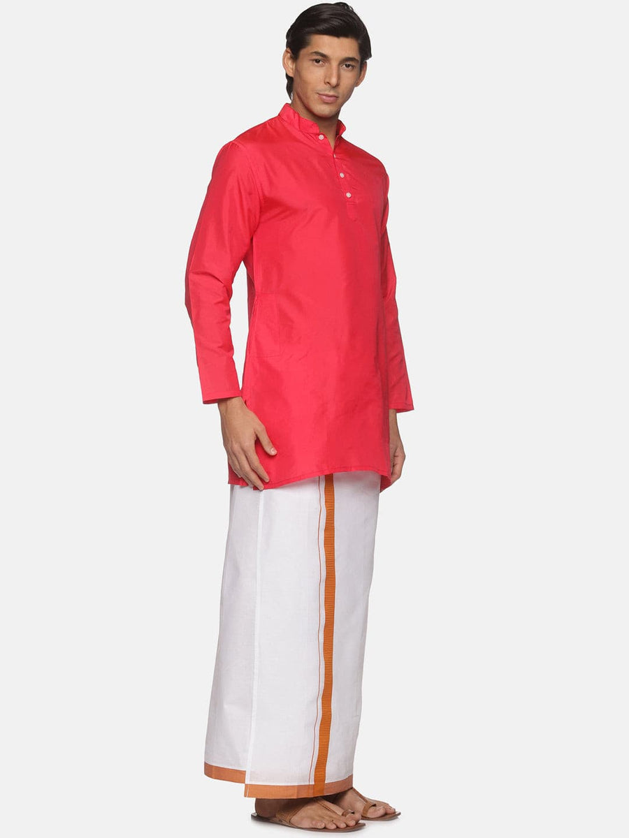 Men Coral Colour Polyester Kurta Dhoti  Set.