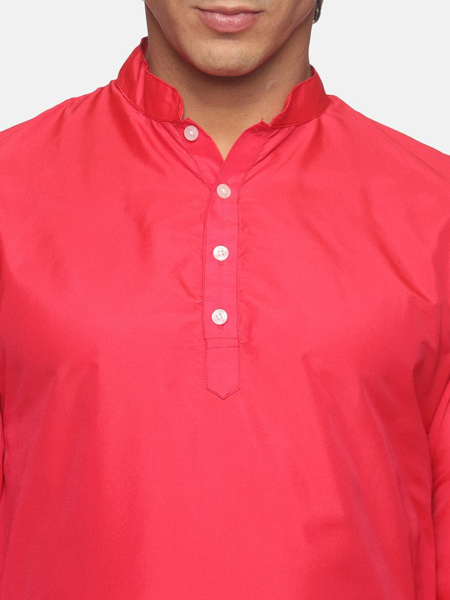 Men Coral Colour Polyester Kurta Dhoti  Set.