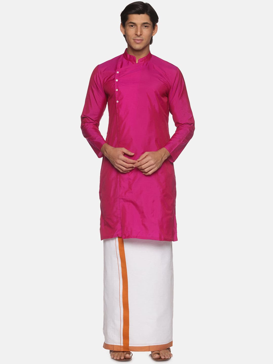 Men Magenta Colour Polyester Kurta Dhoti  Set