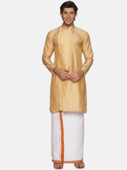 Men Biscuit Colour Art Silk Stylish Kurta Dhoti Set