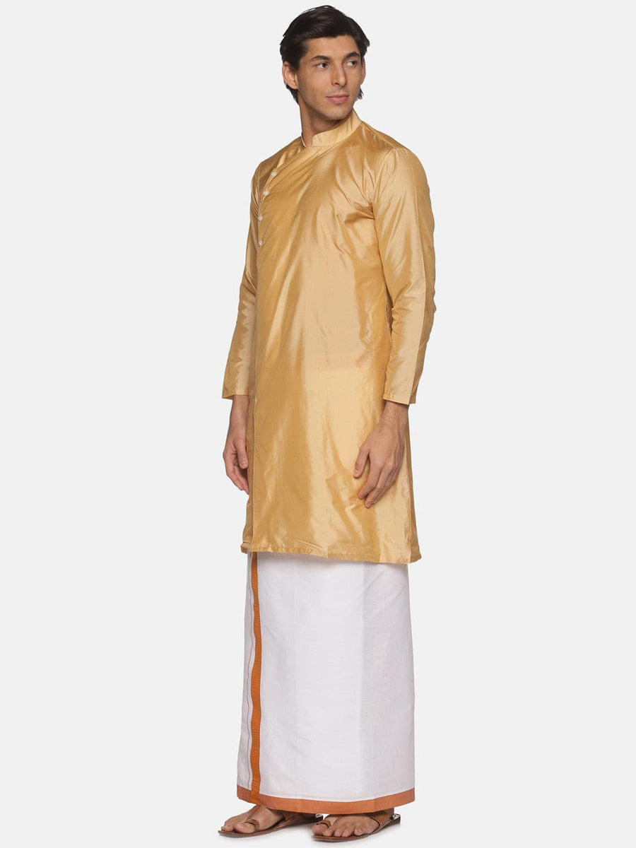 Men Biscuit Colour Art Silk Stylish Kurta Dhoti Set.