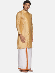 Men Biscuit Colour Art Silk Stylish Kurta Dhoti Set.