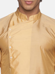 Men Biscuit Colour Art Silk Stylish Kurta Dhoti Set.