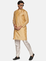 Men Biscuit Colour Polyester Kurta Pyjama Set