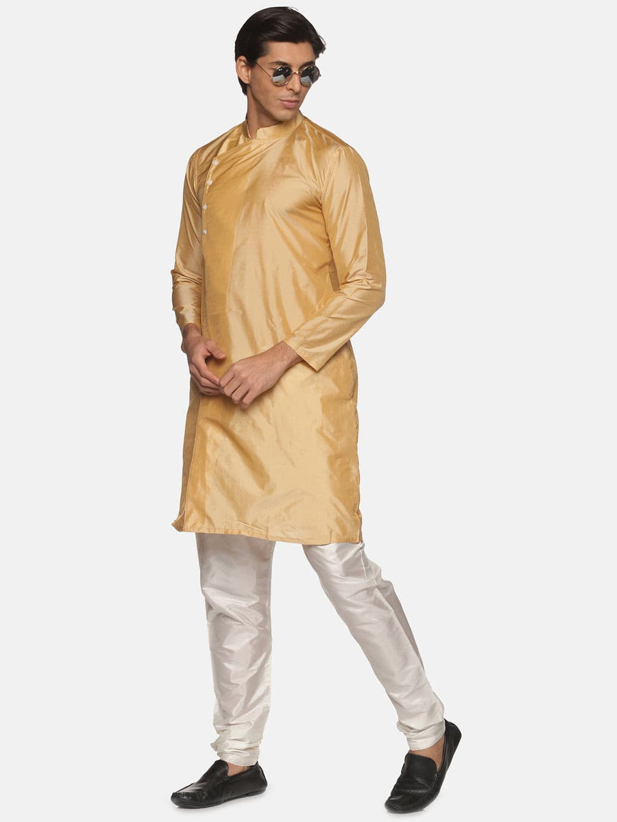 Men Biscuit Colour Polyester Kurta Pyjama Set