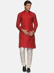 Men Coral Colour Polyester Kurta Pyjama Set.