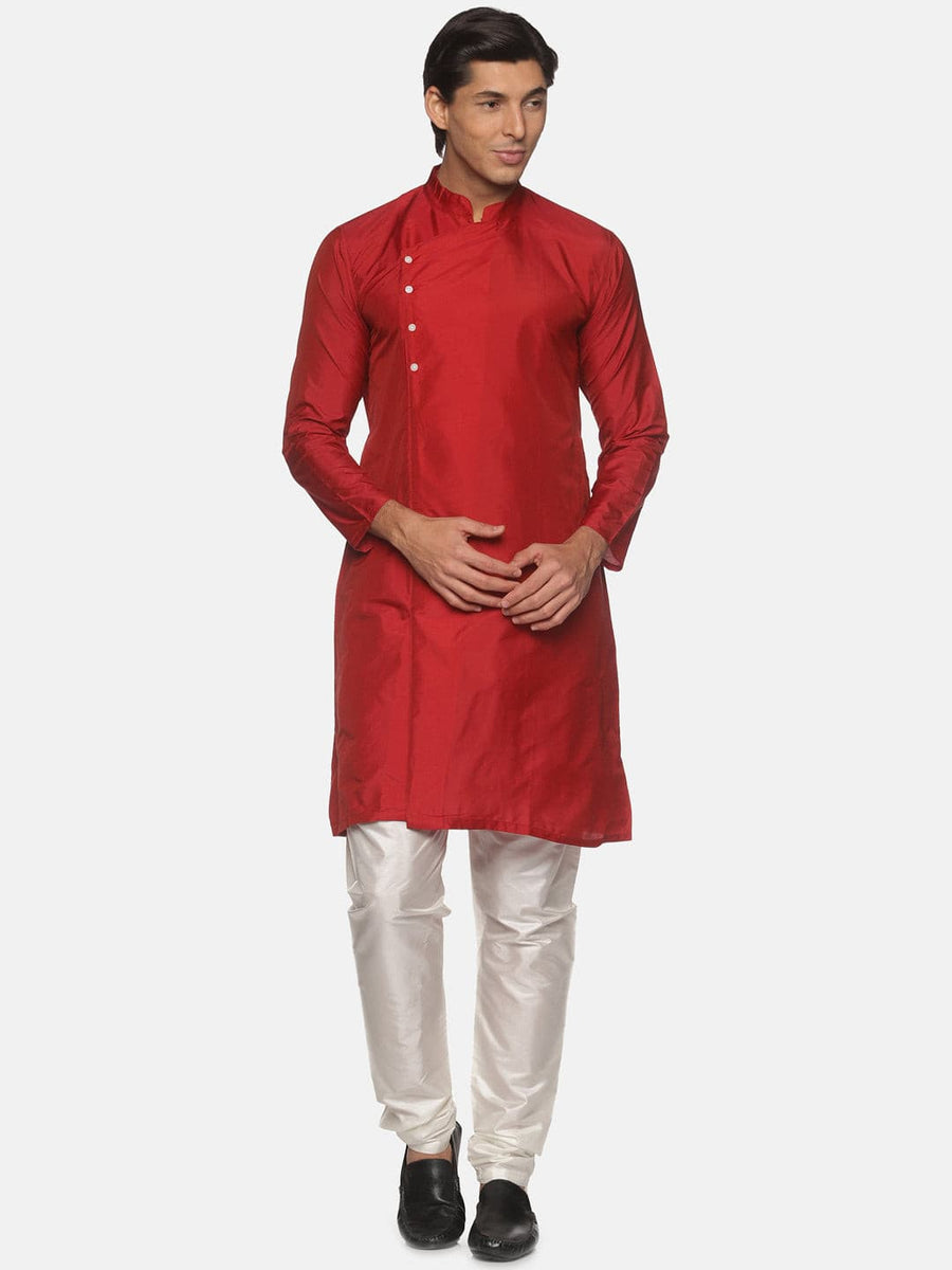 Men Coral Colour Polyester Kurta Pyjama Set.