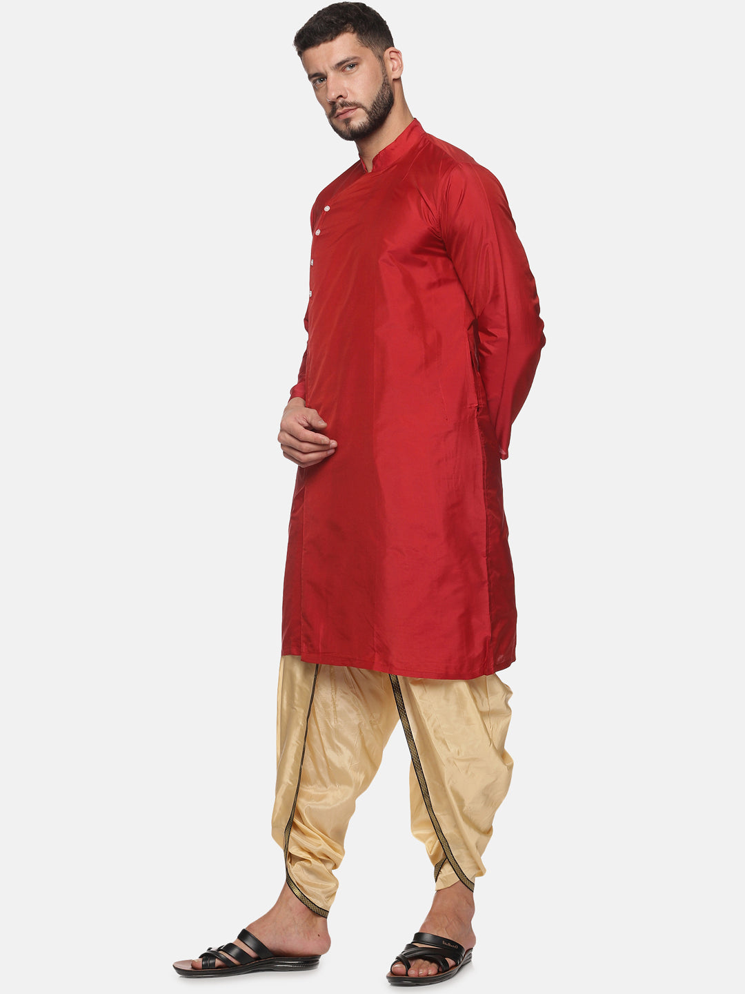 Men Maroon Colour Polyester Kurta Dhoti Pant Set.