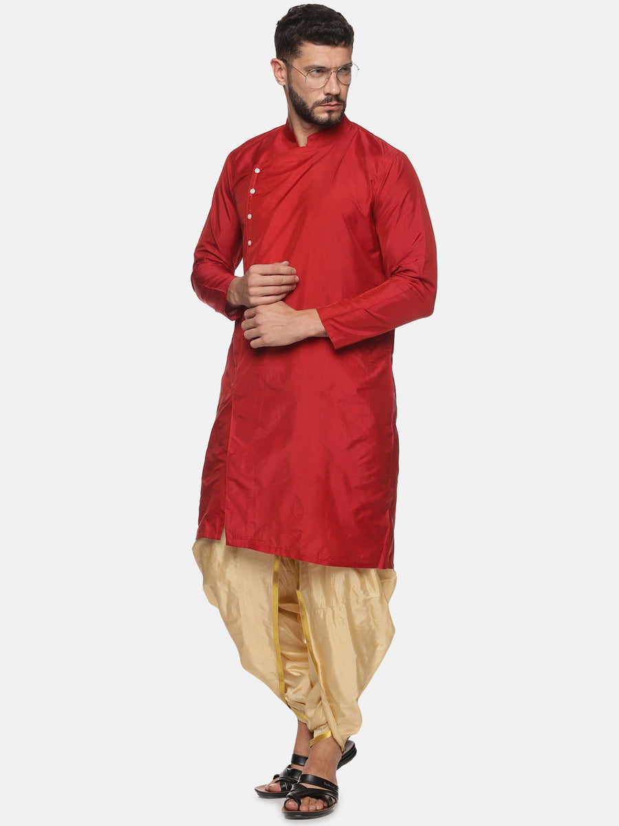 Men Maroon Colour Polyester Kurta Dhoti Pant Set.