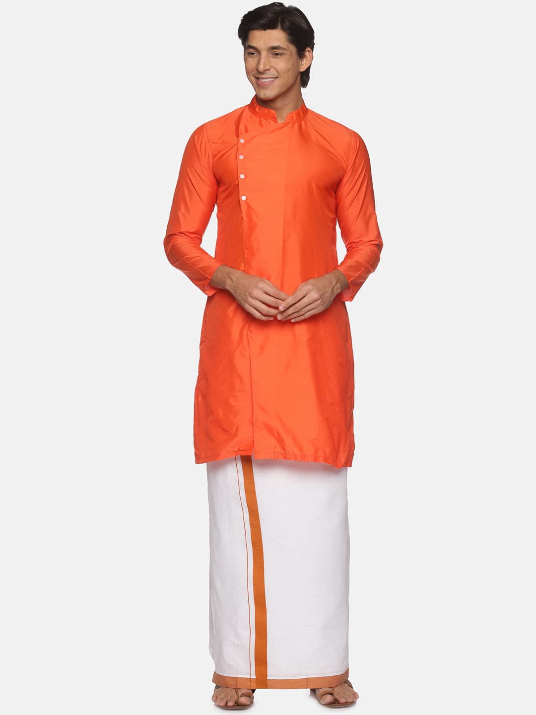 Men Orange Colour Polyester Kurta Dhoti  Set