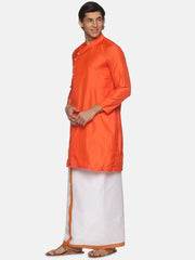 Men Orange Colour Polyester Kurta Dhoti  Set