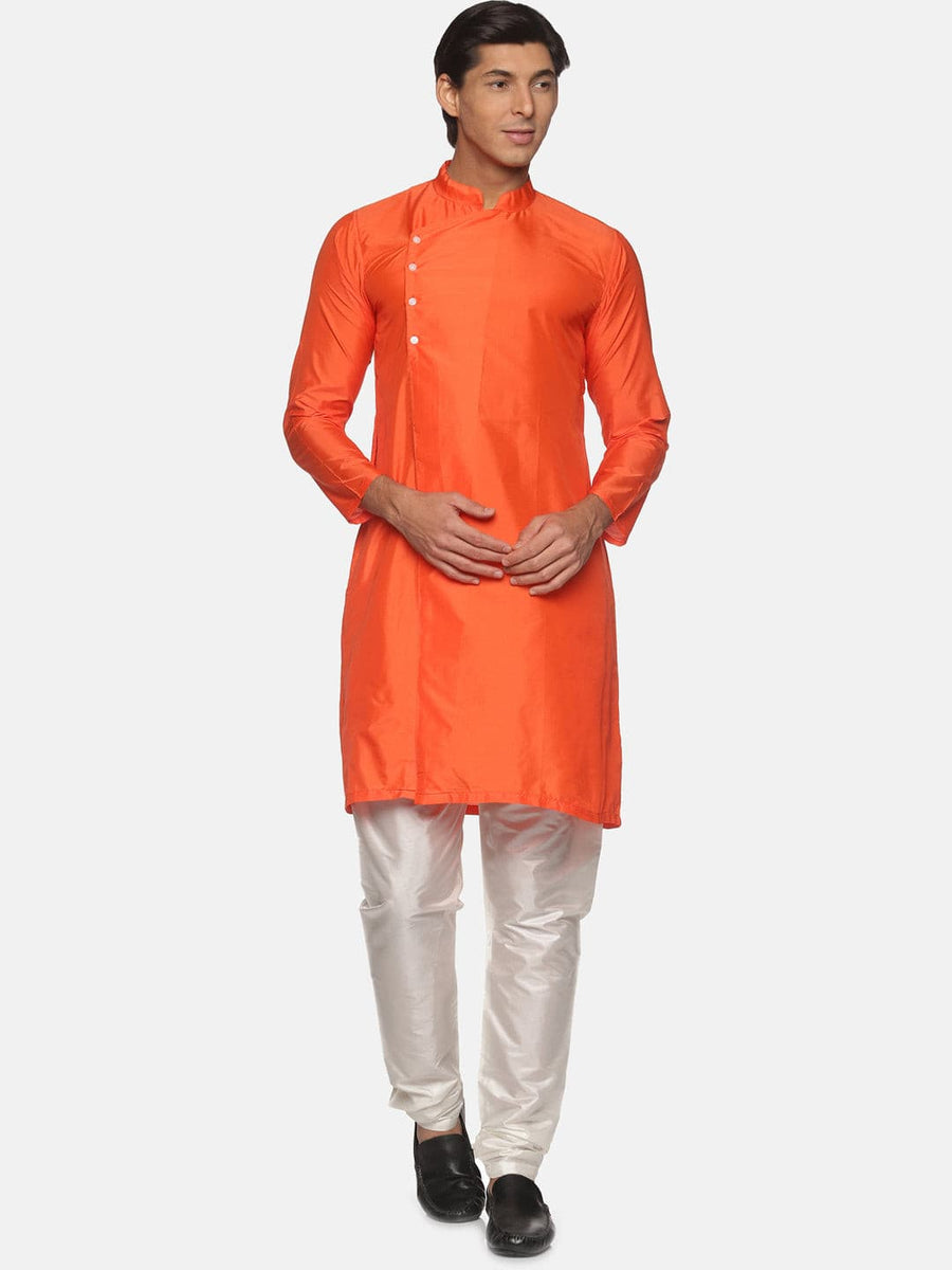 Men Coral Colour Polyester Kurta Pyjama Set.