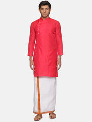 Men Coral Colour Polyester Kurta Dhoti  Set