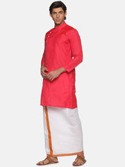 Men Coral Colour Polyester Kurta Dhoti  Set