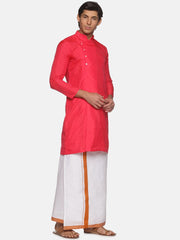 Men Coral Colour Polyester Kurta Dhoti  Set