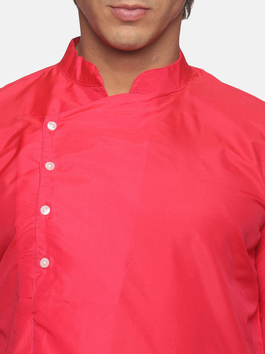 Men Coral Colour Polyester Kurta Dhoti  Set