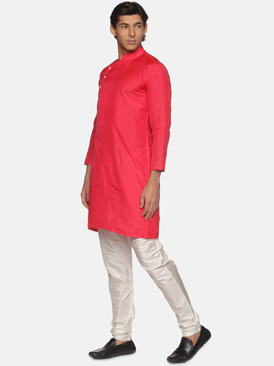 Men Coral Colour Polyester Kurta Pyjama Set.