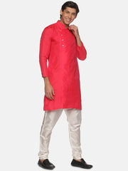 Men Coral Colour Polyester Kurta Pyjama Set.