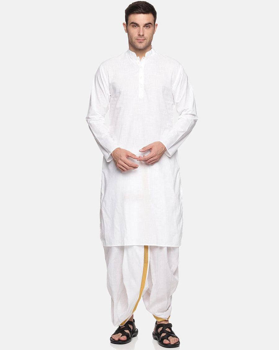 Men White Colour Cotton Kurta Dhoti Pant Set.