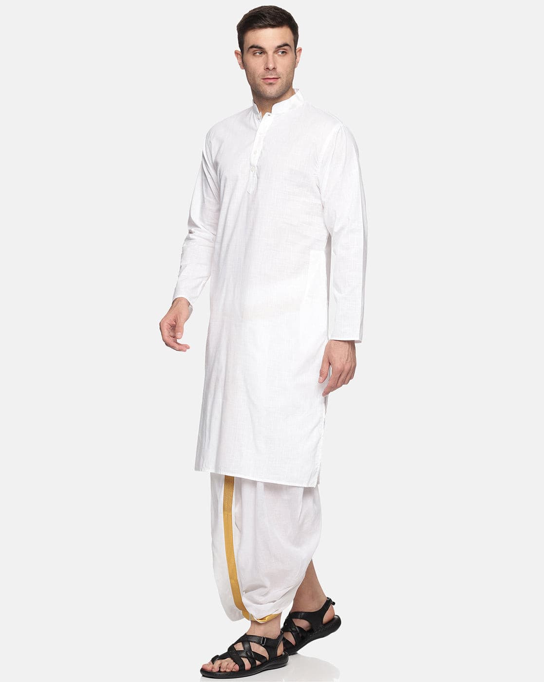 Men White Colour Cotton Kurta Dhoti Pant Set
