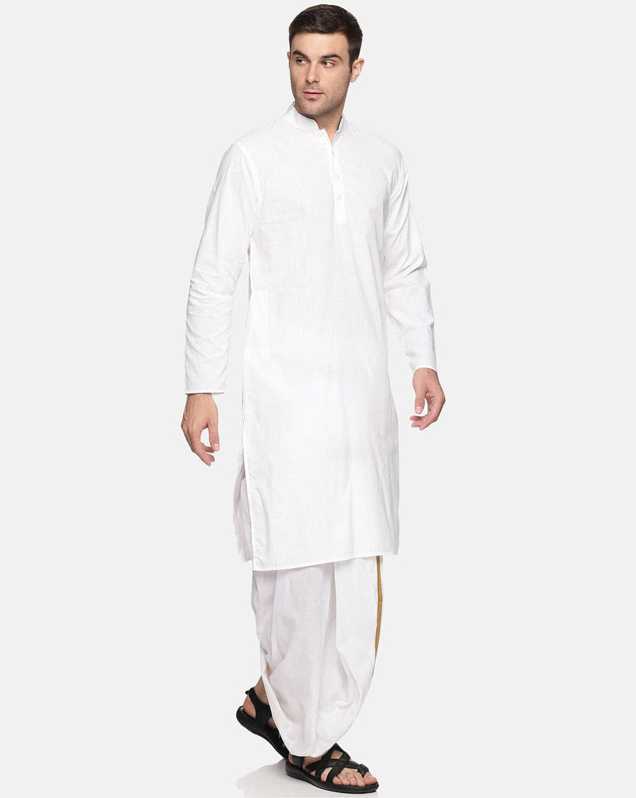 Men White Colour Cotton Kurta Dhoti Pant Set