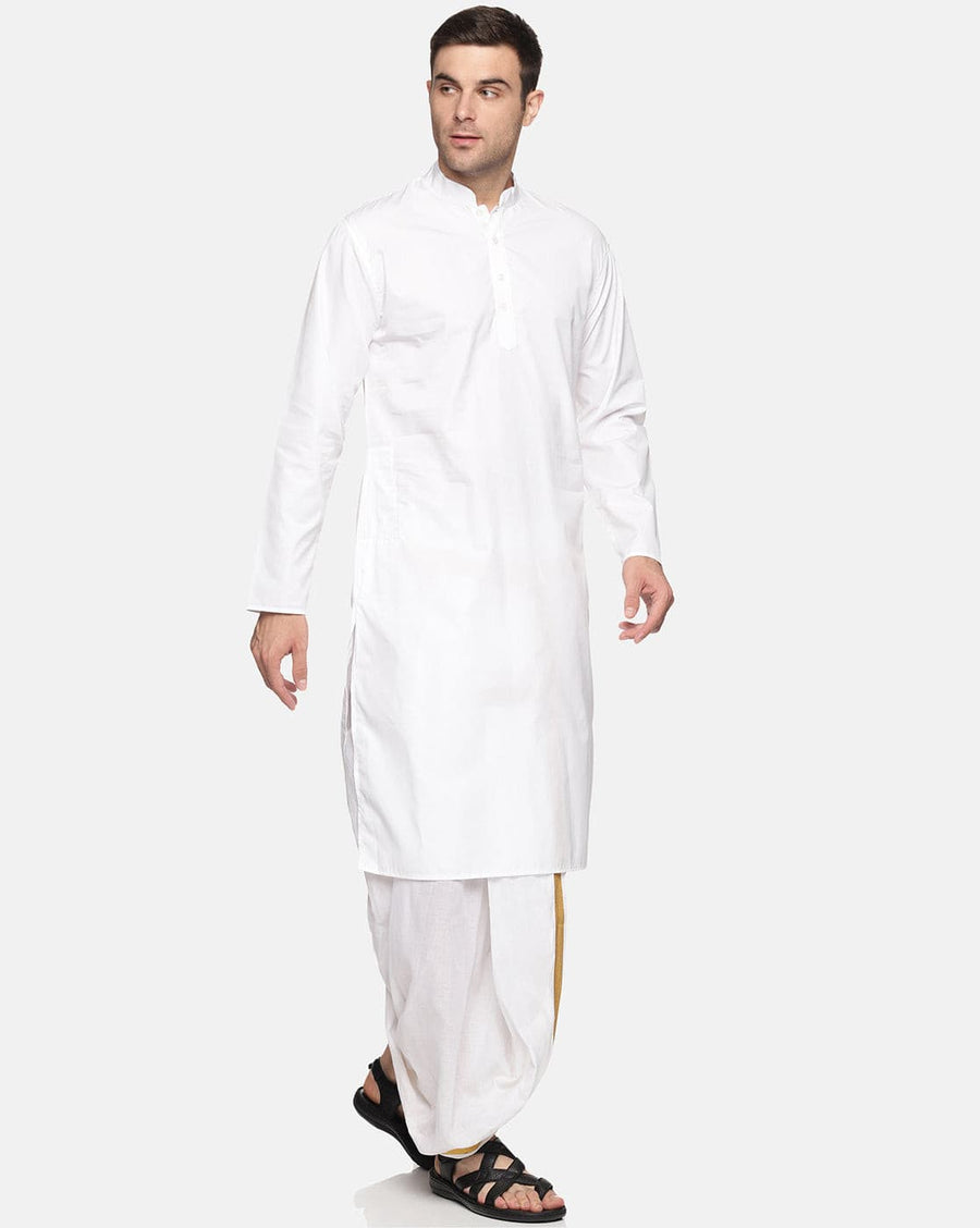 Men White Colour Cotton Kurta Dhoti Pant Set