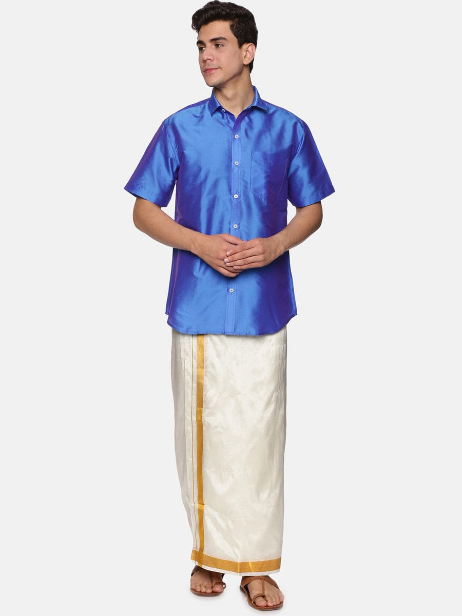 Men Solid Colour Half Sleeve Shirt and Readymade Pocket Dhoti Set