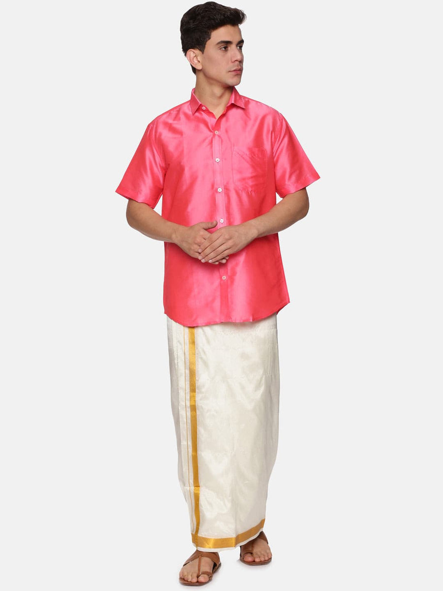 Men Solid Colour Half Sleeve Shirt and Readymade Pocket Dhoti Set