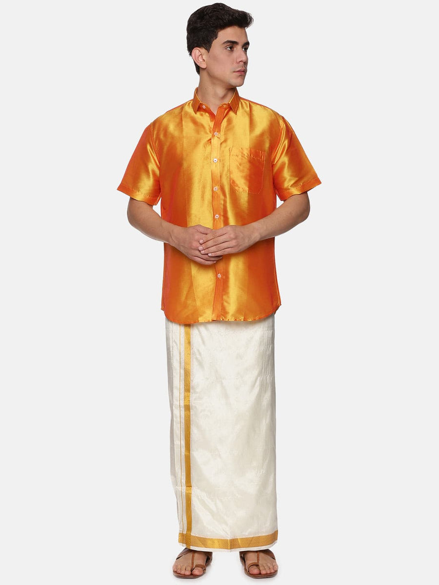Men Solid Colour Half Sleeve Shirt and Readymade Pocket Dhoti Set