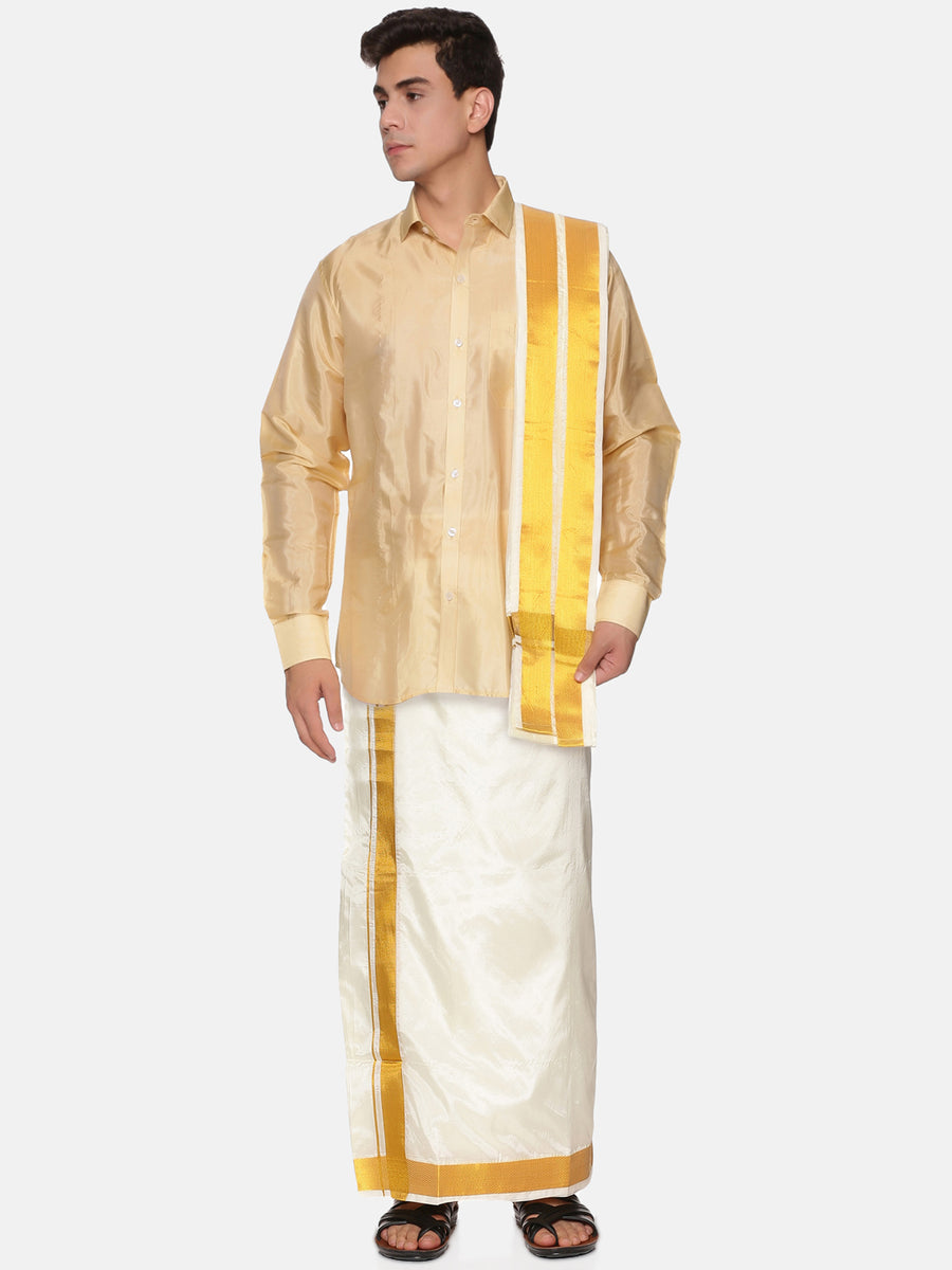 Men Full Sleeve Shirt and Cream Colour Pocket Dhoti Angavastram Set