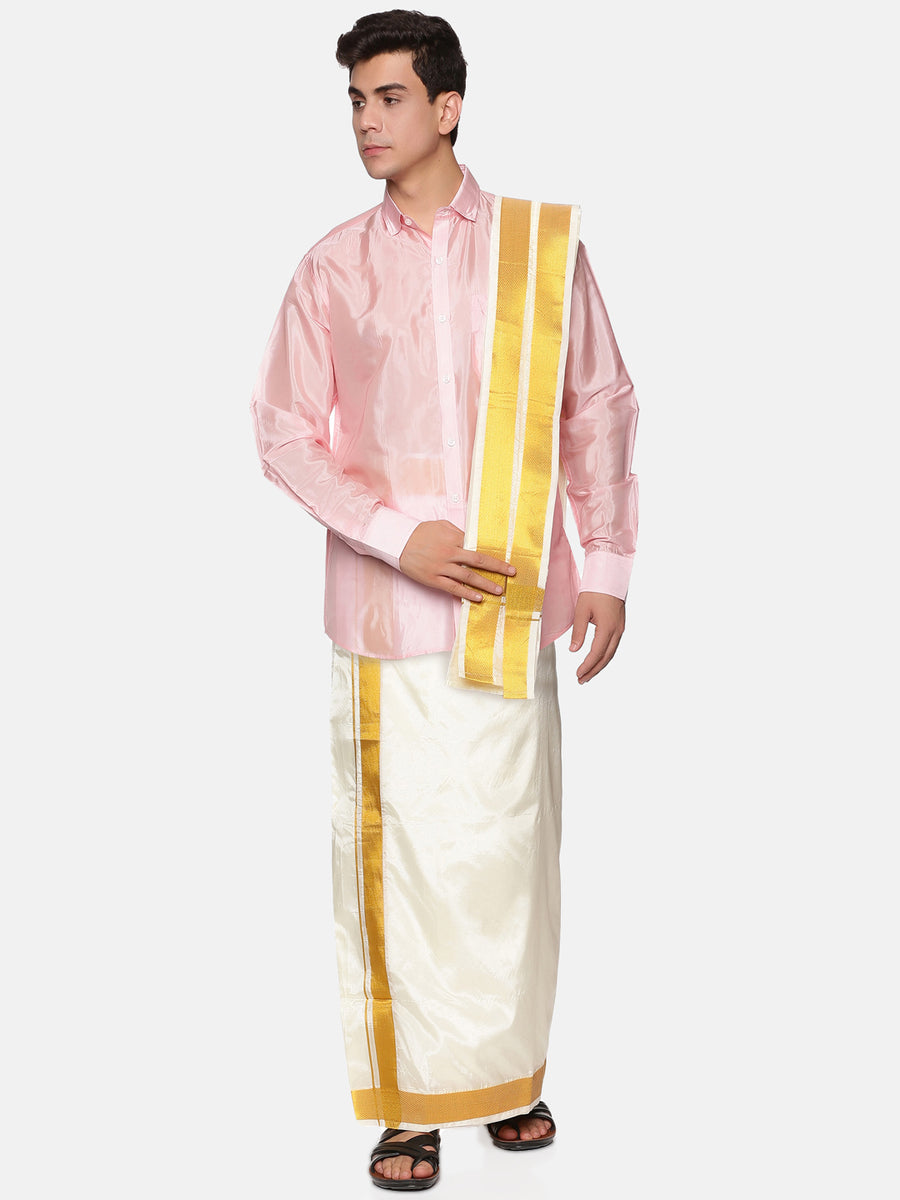 Men Full Sleeve Shirt and Cream Colour Pocket Dhoti Angavastram Set