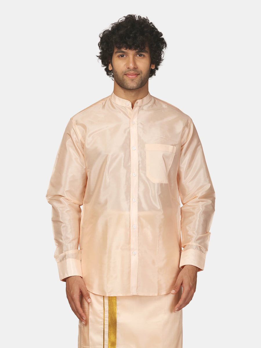 Men Solid Colour Mandarin Collar Virtual Silk Shirt