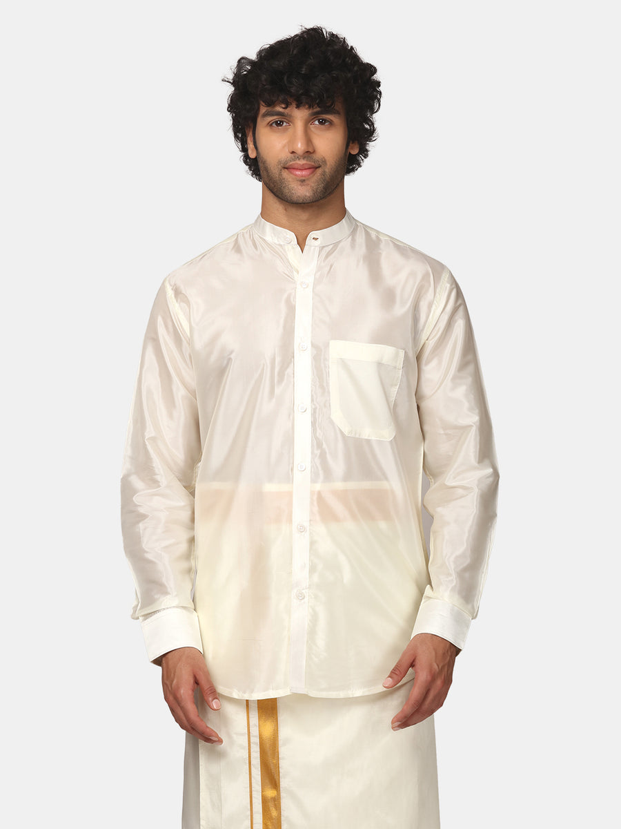 Men Solid Colour Mandarin Collar Virtual Silk Shirt