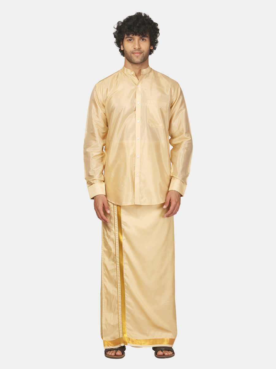 Men Artsilk Mandarin Collar Shirt and Readymade Dhoti Set