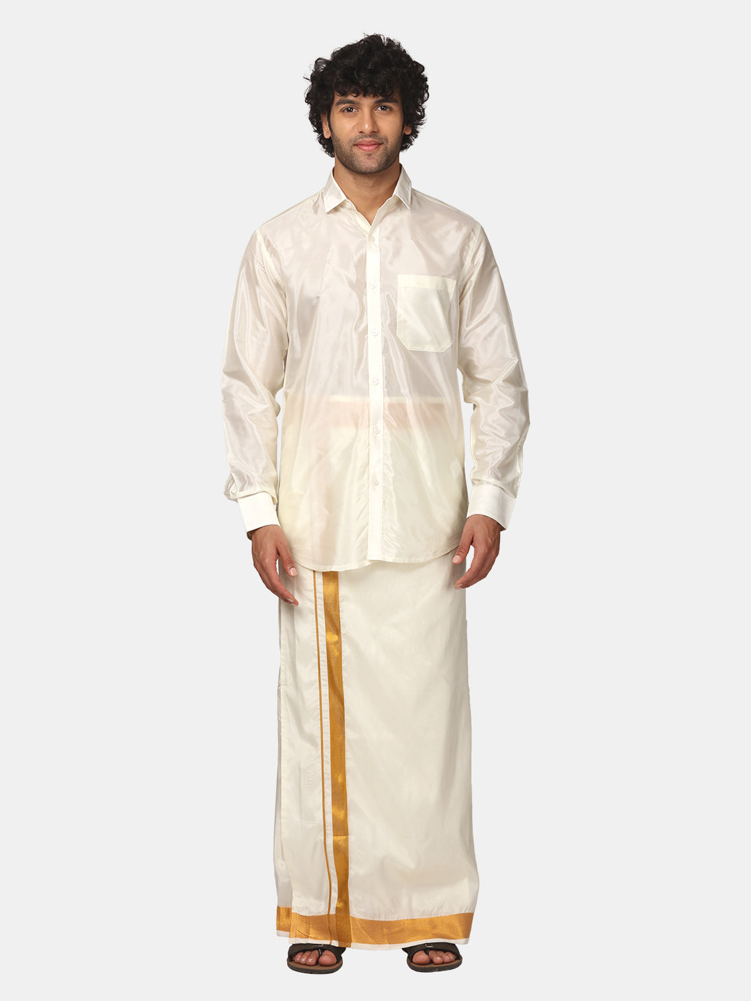 Men Solid Colour Silk Finish Dhoti and Angavastram Set