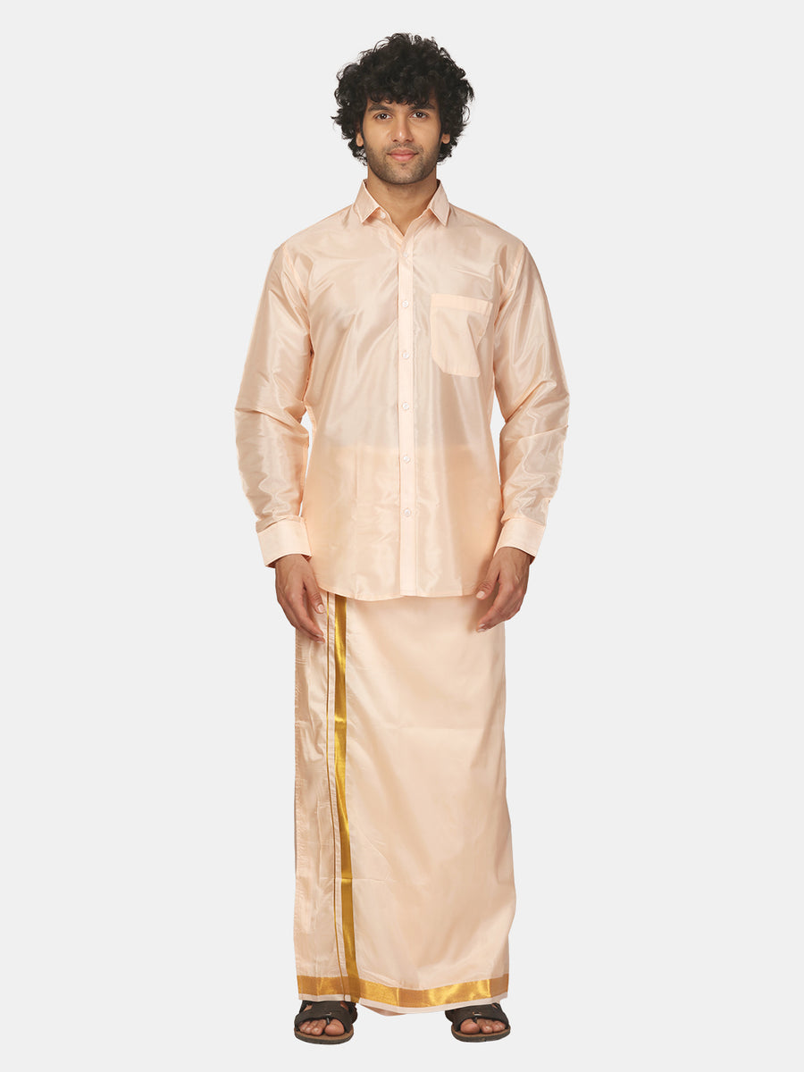 Men Solid Colour Full Sleeve Shirt Pocket Dhoti Set