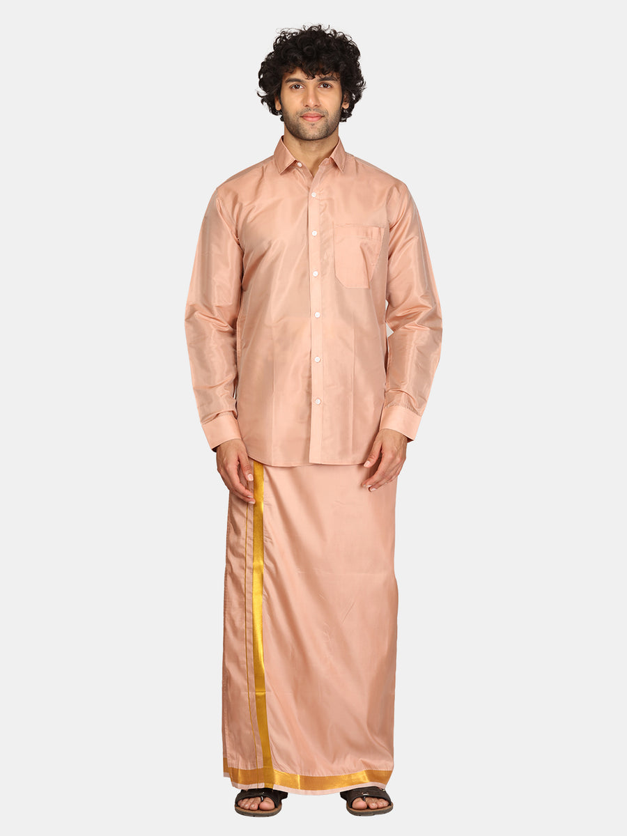 Men Solid Colour Full Sleeve Shirt Pocket Dhoti Set