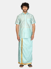 Men Artsilk Half Sleeve Shirt and Ready to Wear Pocket Dhoti Matching Set
