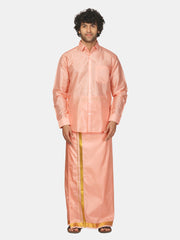 Men Solid Colour Full Sleeve Shirt Pocket Dhoti Set