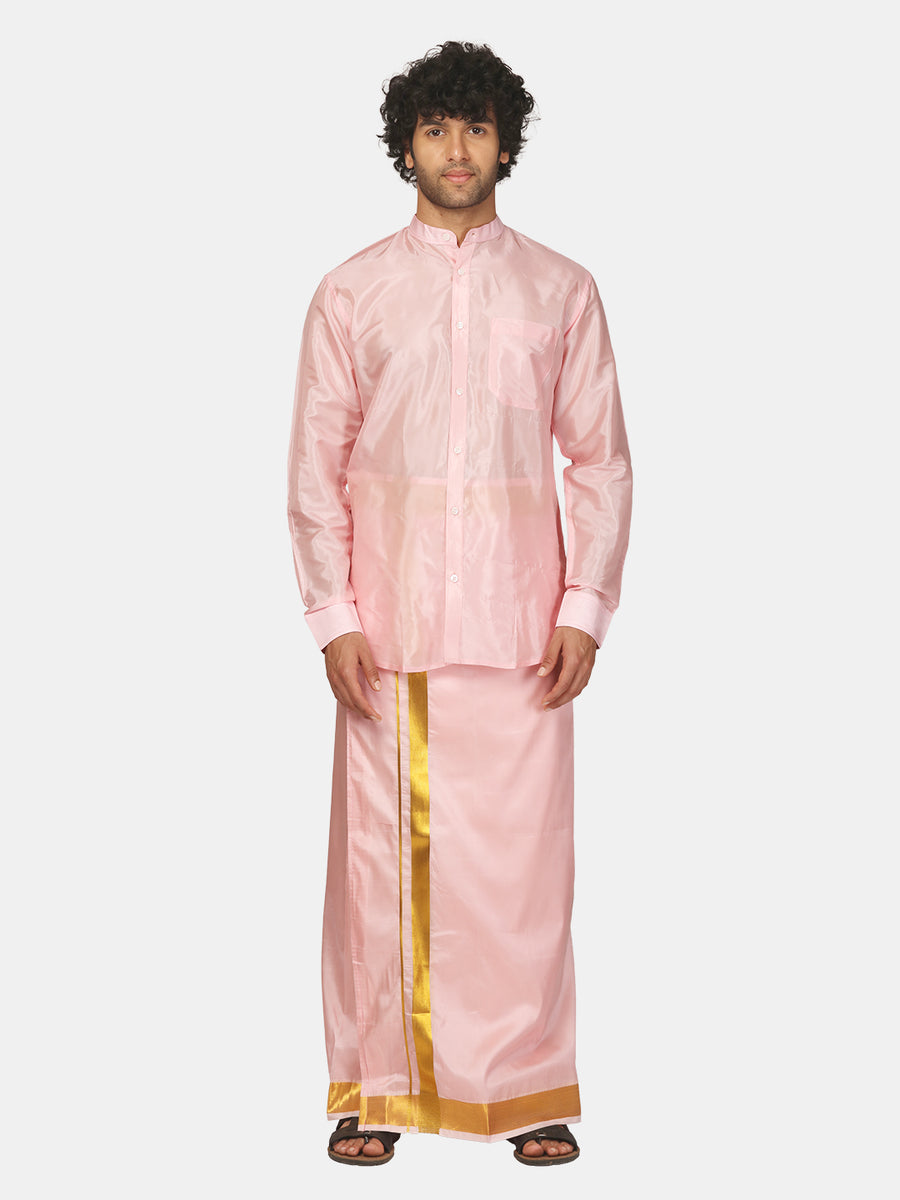 Men Artsilk Chinese Collar Shirt and Readymade Dhoti Set