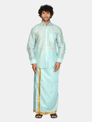 Men Solid Colour Zari Border Readymade Dhoti and Angavastram Set