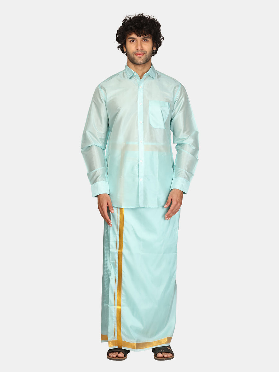 Men Solid Colour Zari Border Readymade Dhoti and Angavastram Set