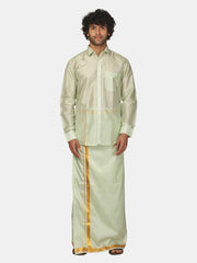 Mens Art Silk Full Sleeve Shirt with Pocket Dhoti and Angavastram Set