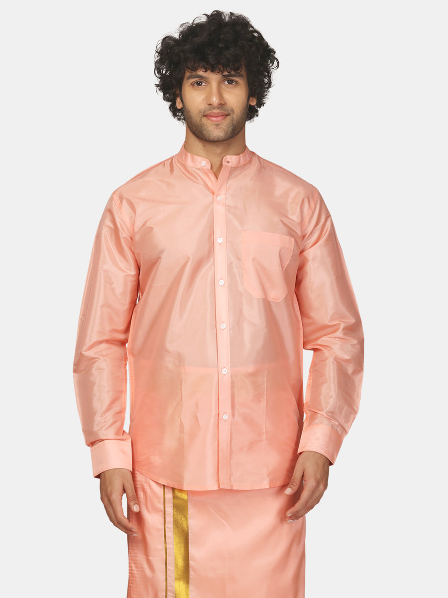 Men Solid Colour Mandarin Collar Virtual Silk Shirt